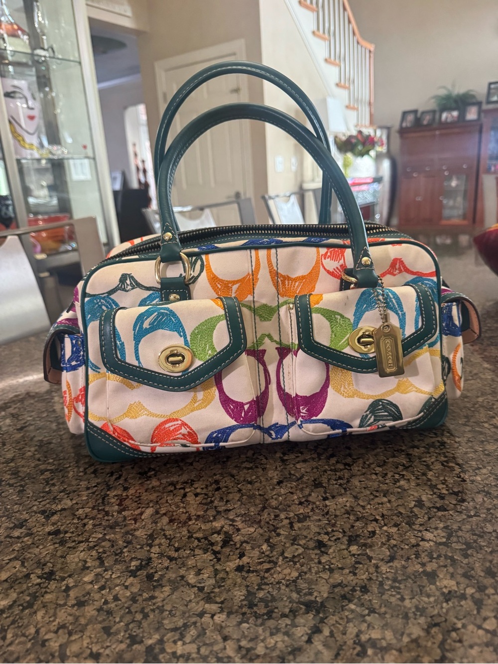 Coach Multicolor Signature Satchel with Teal Trim and Gold Hardware